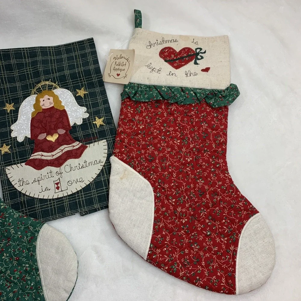 Vtg Valorie's Folk Art Appliqué Red Green Christmas Stockings & Angel Hand Towel